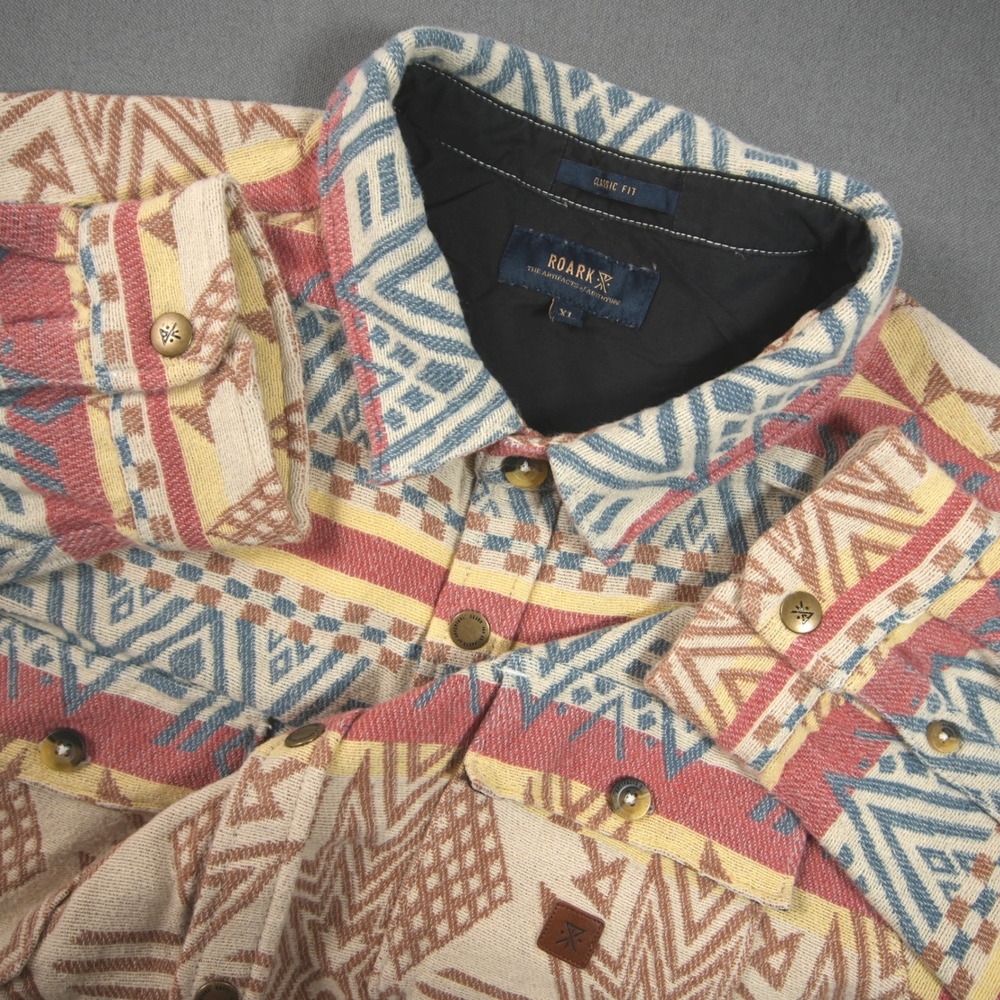 Roark Geometric Aztec Southwestern Organic Men Over Shirt XL Boho Cabin Shacket
